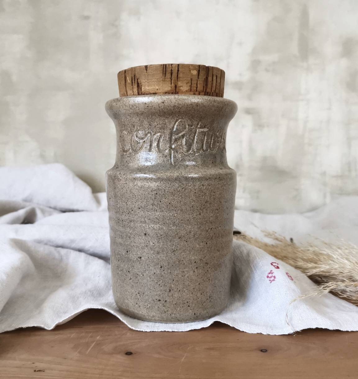 Pot de Confiture Vintage Français, Pot Cuisine en Grès Fait à La Main avec Couvercle Liège, Grès Bei