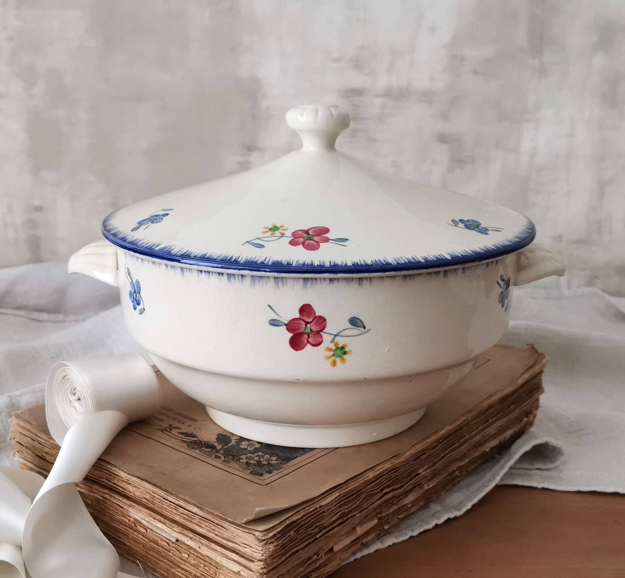 Vintage Français Ironstone Soup Tureen Blanc Bleu Rouge et Jaune Marguerites Fleurs/Digoin Sarreguem