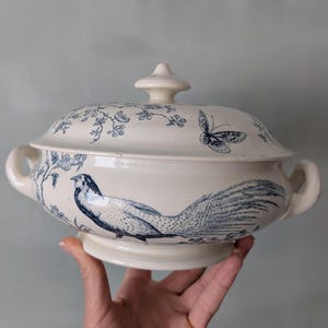 Antique French Ironstone Soup Tureen: Blue Bird & Butterfly, HB Choisy le Roi