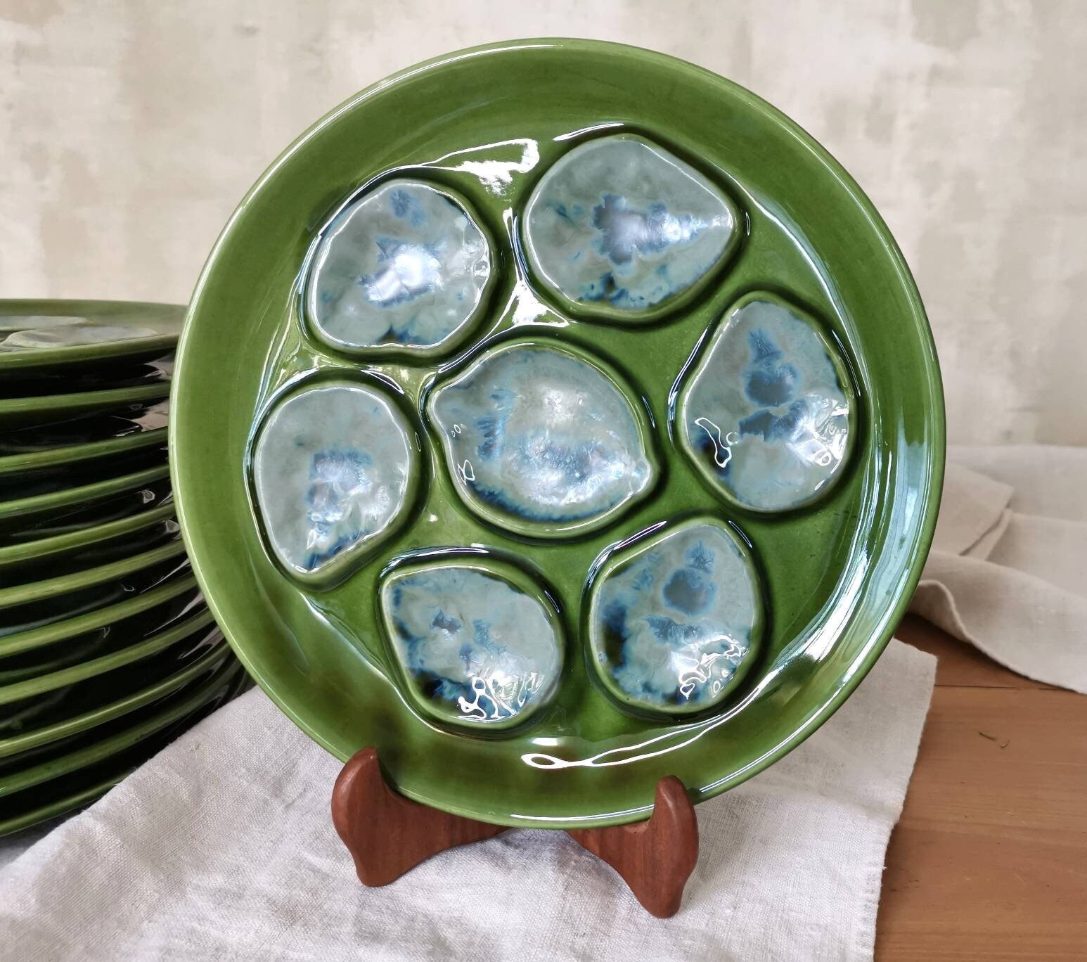 1 Français Assiette d'huître Antique/Plateau de Coquille Majolique Verte Marbrée Peinte à La Main Pl