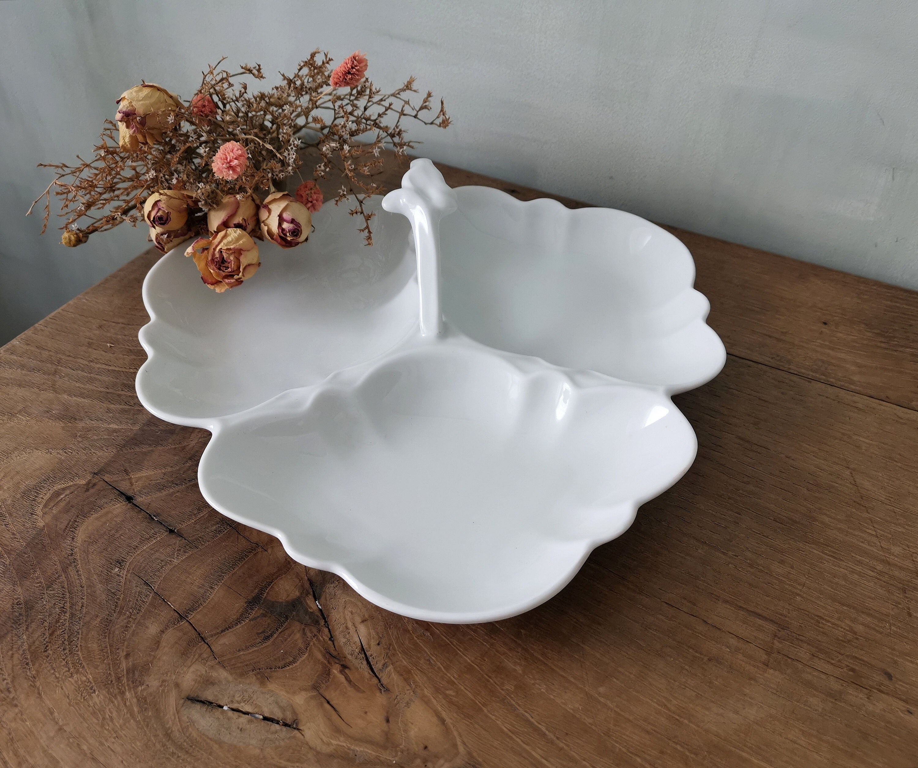 Vine Leaf Serving Plate, Vintage White Porcelain, Platter with Top Handle