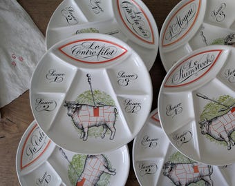 French Vintage Bistro China, Fondue Plates, PARIS AUTEUIL Porcelain,  White Red Stripes