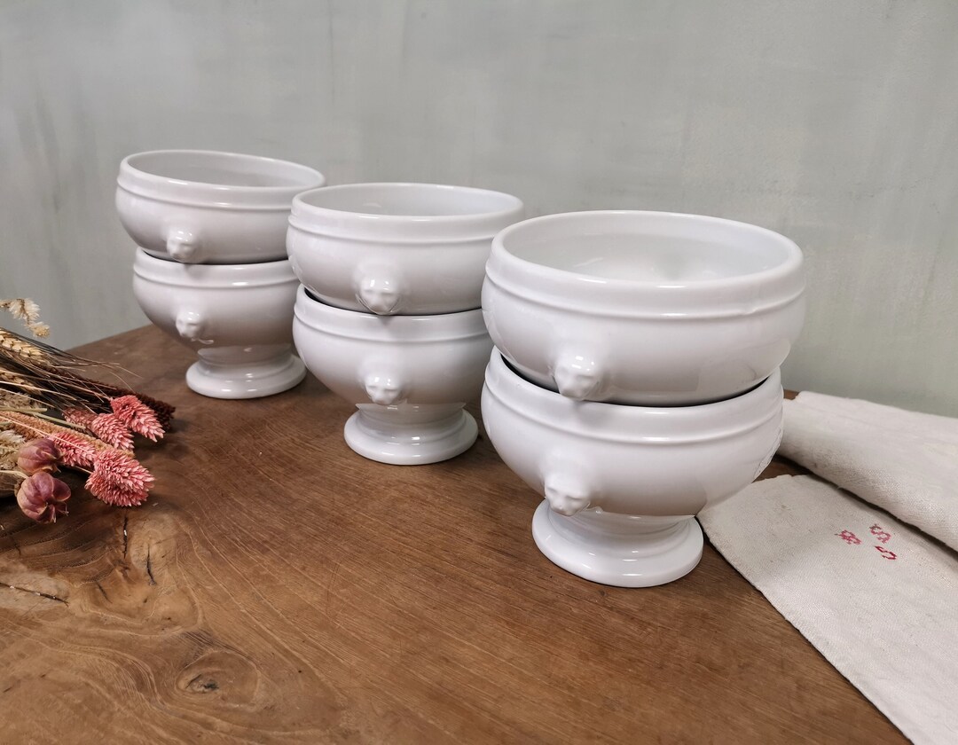 6 Antique French Soup Bowls With Lion Head Handles White Etsy