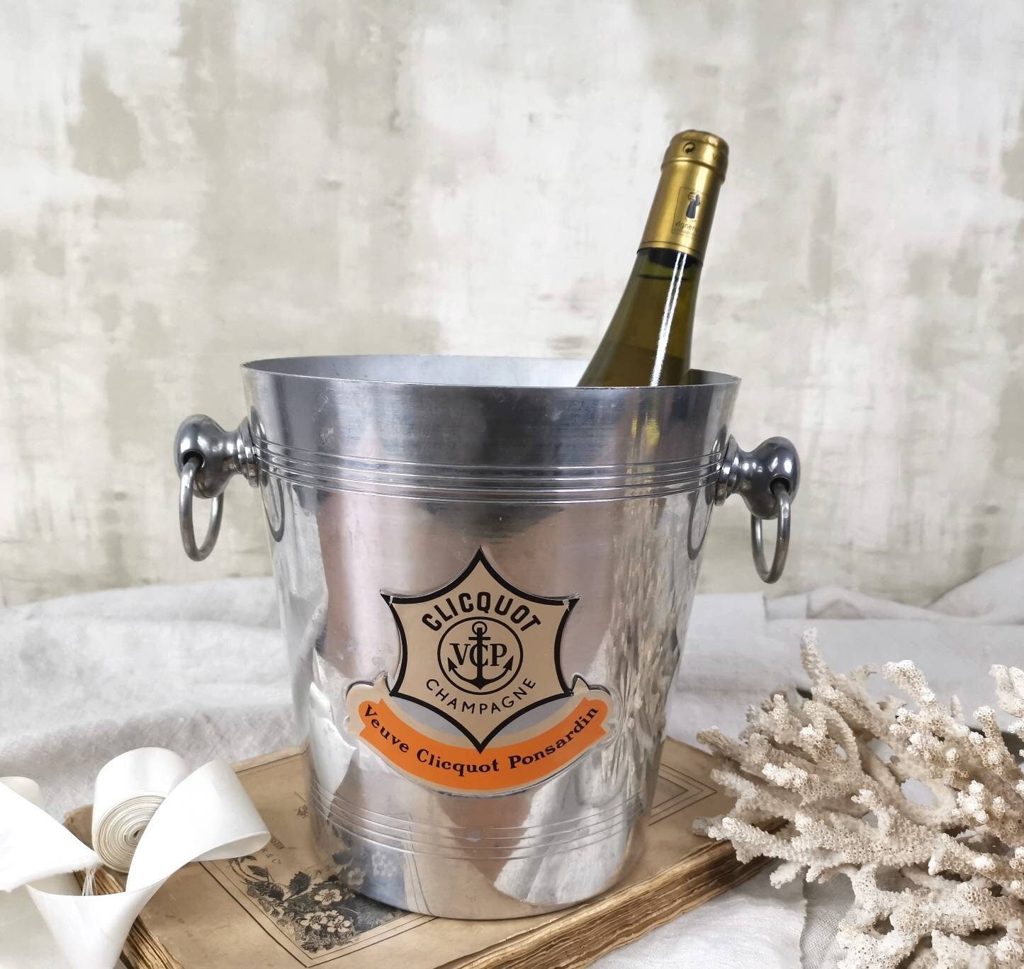 Veuve Clicquot Cooler, Vintage Français Seau à Champagne en Métal, Aluminium, Glace Orange Argent, F