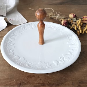 White Cake Stand w Center Wooden Handle, Vintage White Limoges Porcelain Stamped Philippe DESHOULIERES / Embossed Serving Plate