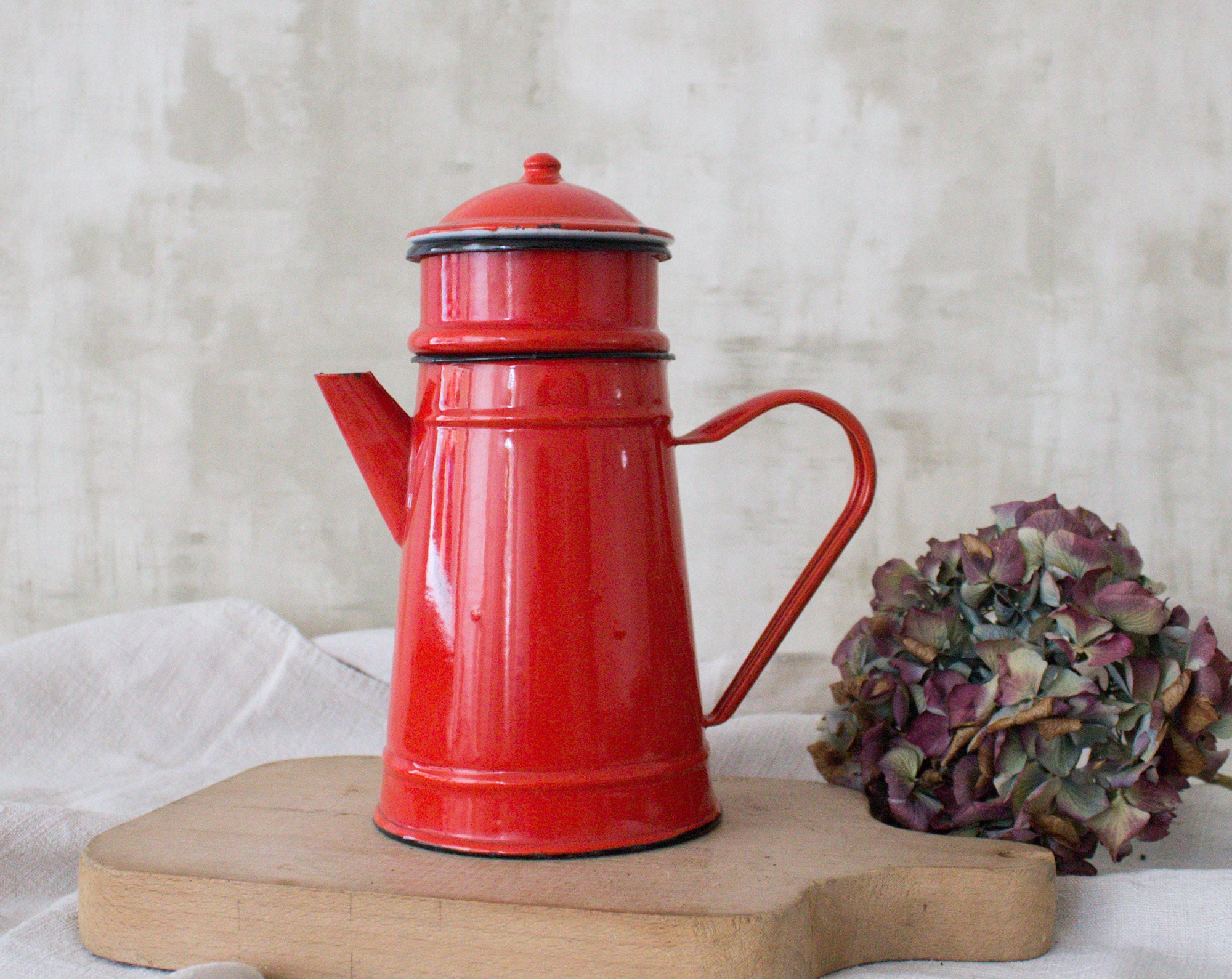 Vintage Français en Émail Cafetière, Cruche Rouge, Cafétéria Enamelled W Filtre, Décor de Cuisine Ru