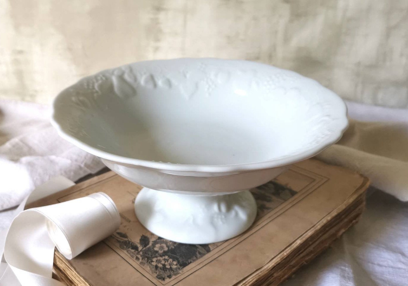 Français Stand de Gâteaux Vintage, Assiette à Pieds en Pierre Fer Blanche, Plat Compote, Piédestal, 