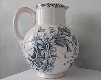 Antique French Ironstone Pitcher: Art Nouveau Floral Transferware
