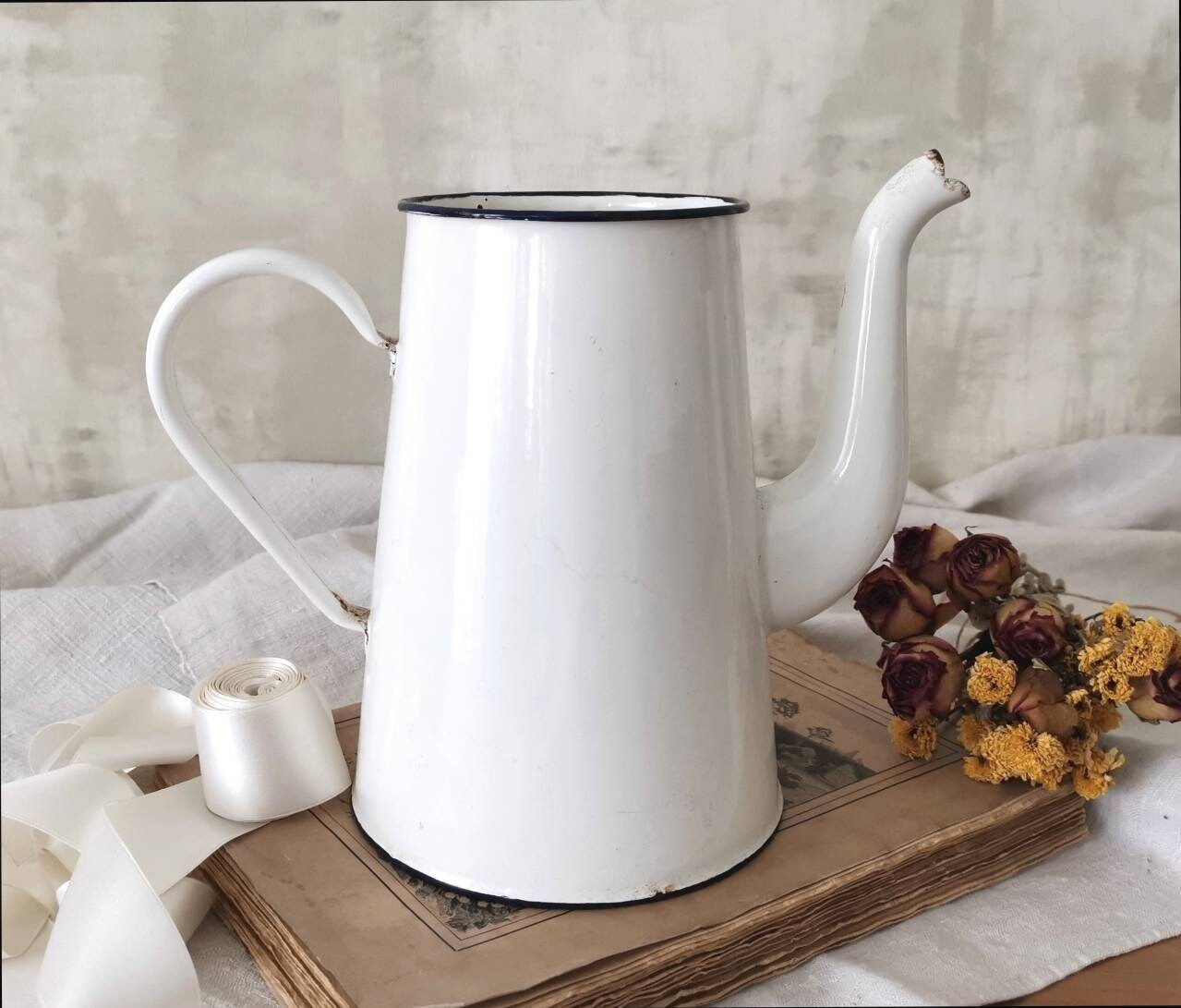 Pichet en Émail Blanc Français Vintage, Pichet Émail, Support Ustensil, Décor de Cuisine Rustique