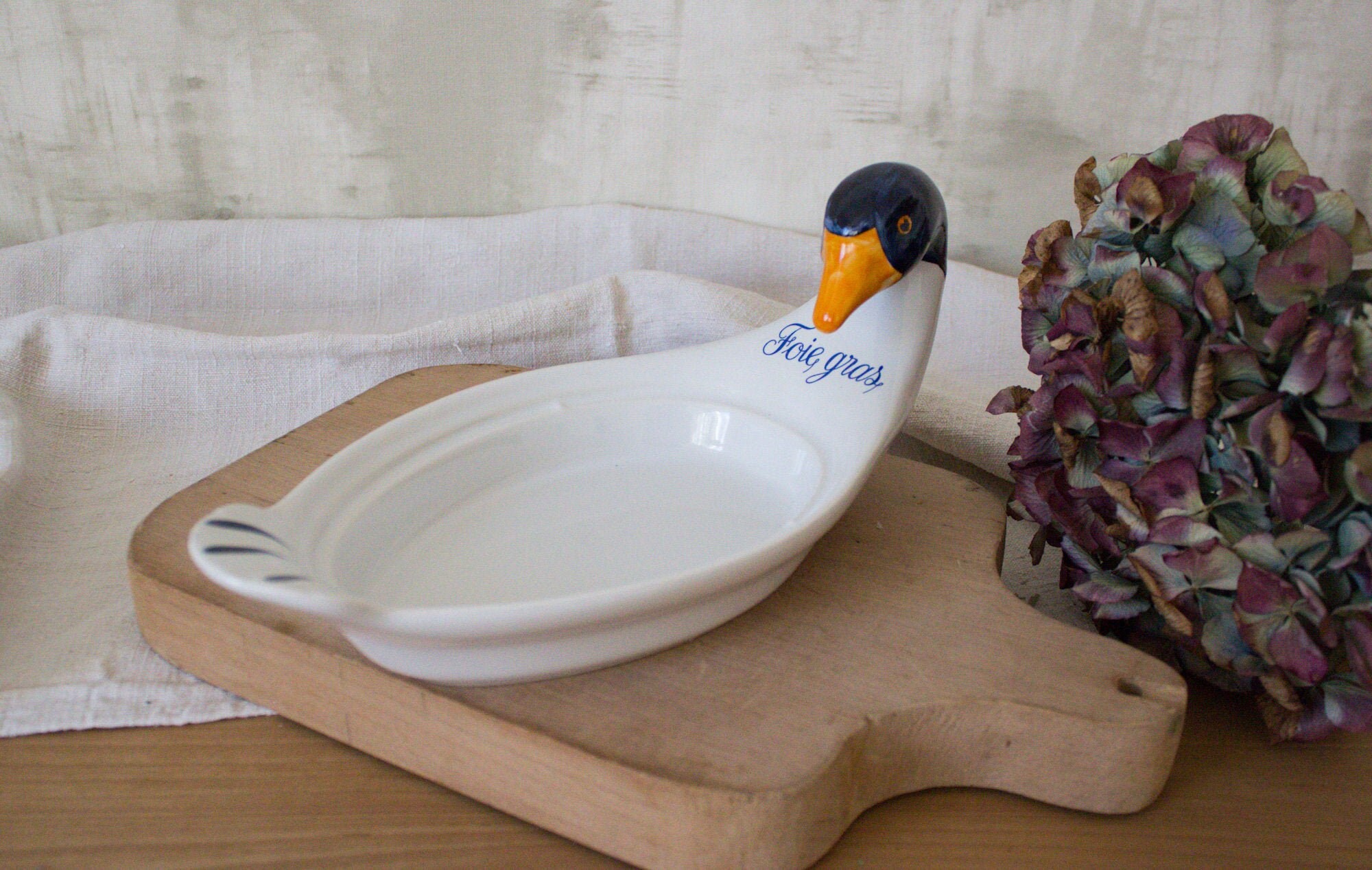 Vintage Français Plaque de Service en Forme Canard/Plat Foie Gras Porcelaine Casserole Céramique Pei