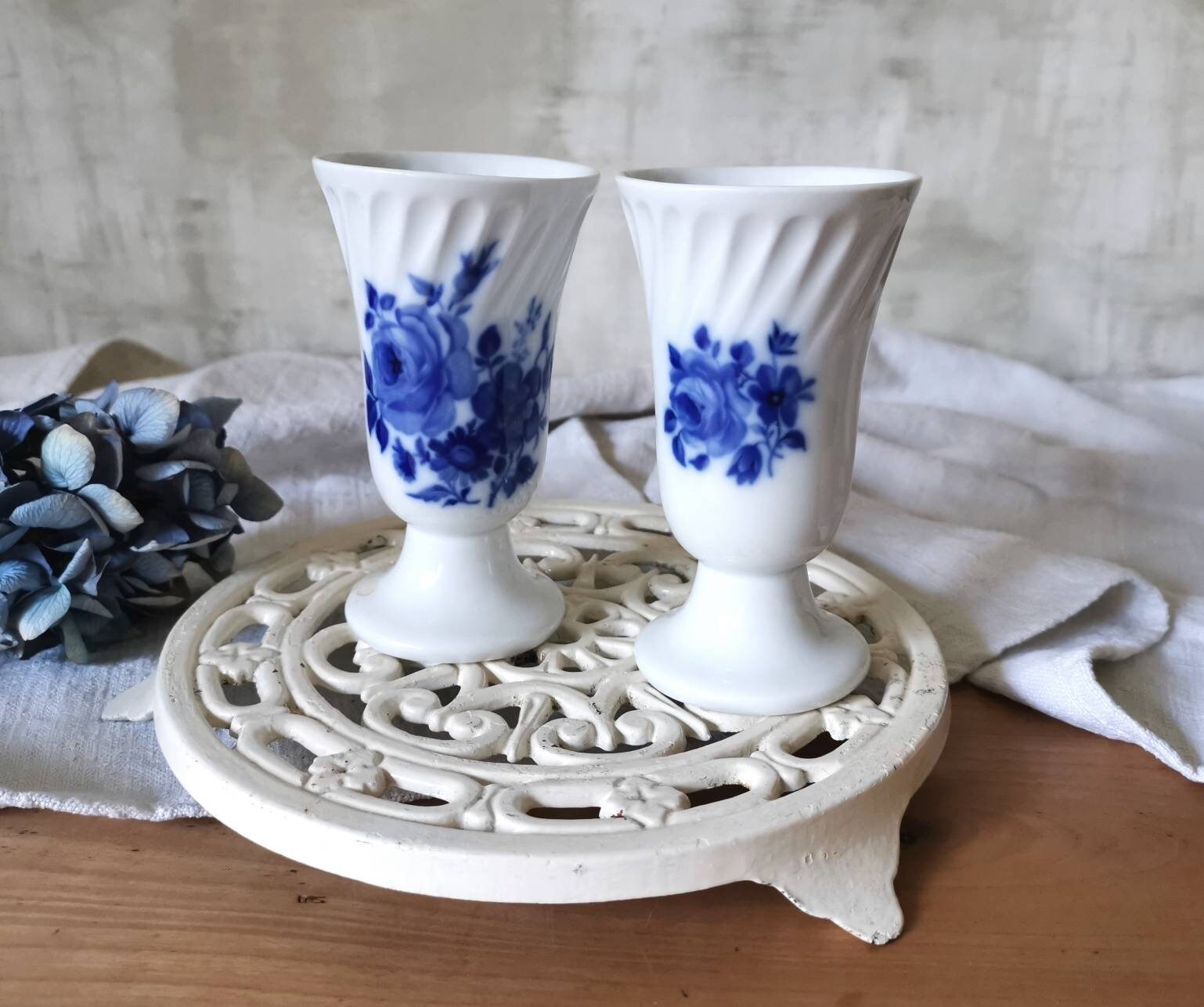 2 Mazagrans en Porcelaine Vintage/Fleurs Blanches & Bleues Mugs Gobelets