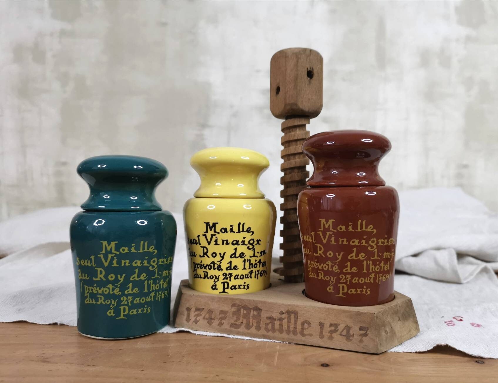 3 Pots Vintage Paris Mustrad avec Support en Bois, Ensemble de Condiments Bistro Français, Moutarde,