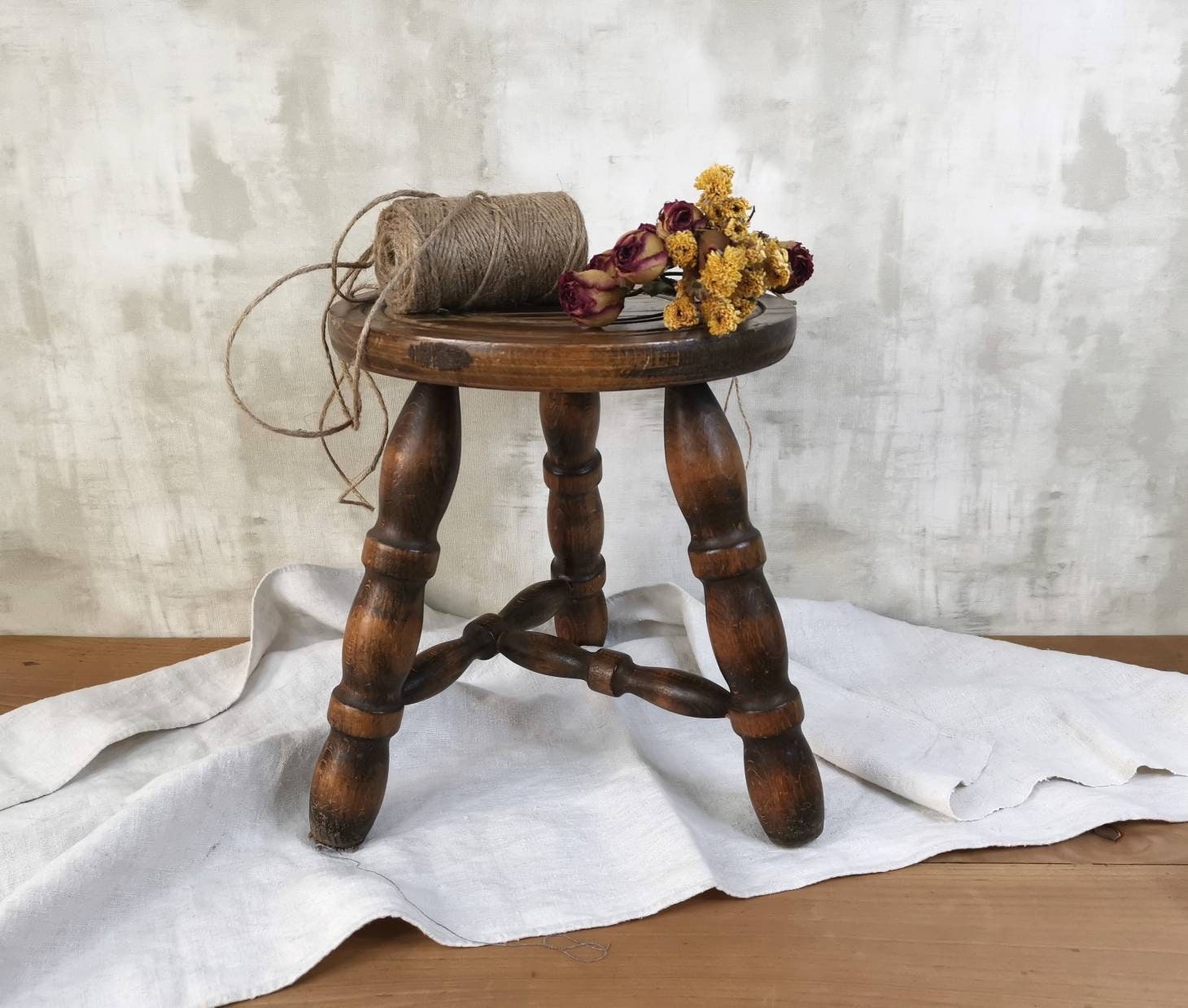 Chaise de Tabouret Traite Français Antique/Banc Ferme à Trois Pattes en Bois Rustique Fait La Main R