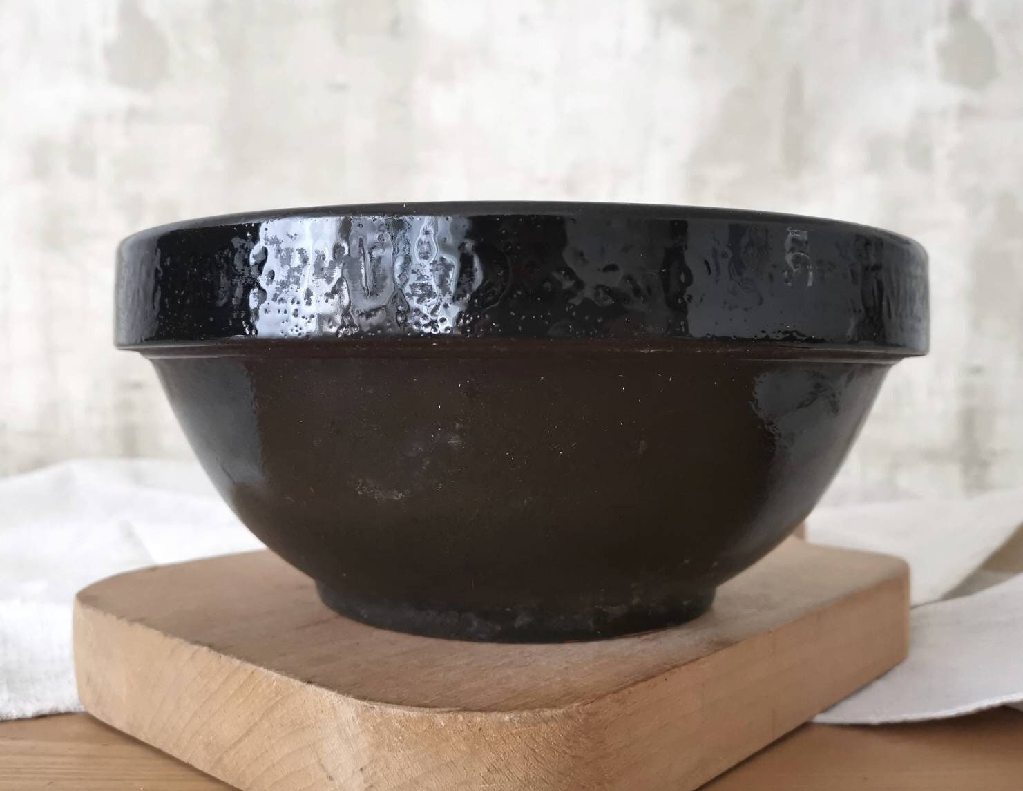 Grand Bol à Mélanger en Grès Dur Digoin France, Émaillé Noir/Brun, Confit Français Antique, Grand Cr