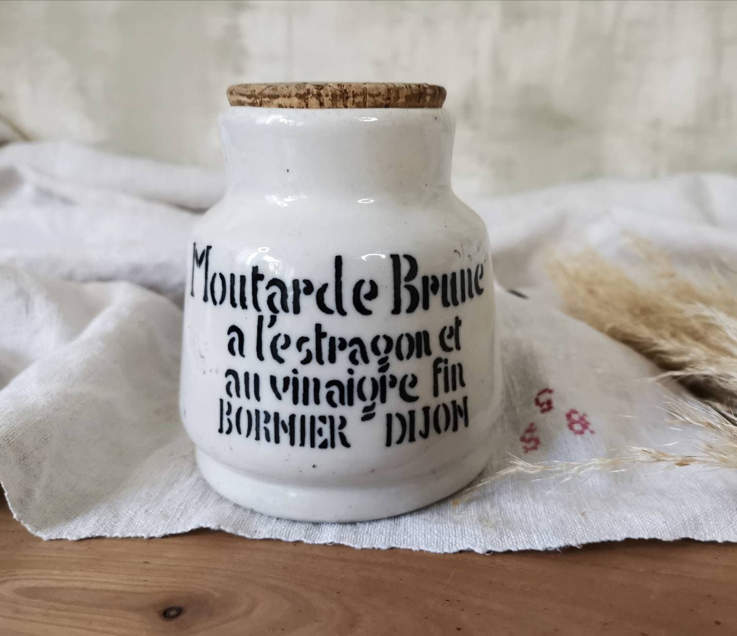 Pot de Moutarde Vintage avec Couvercle en Liège, Pot Cuisine Grès Français, Dijon, Gris Beige Émaill