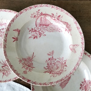 French Antique Soup Plates / Red White Ironstone / Art Nouveau / Transferware / Butterfly, Boat, Flowers, Bird, Medaillon, Portrait
