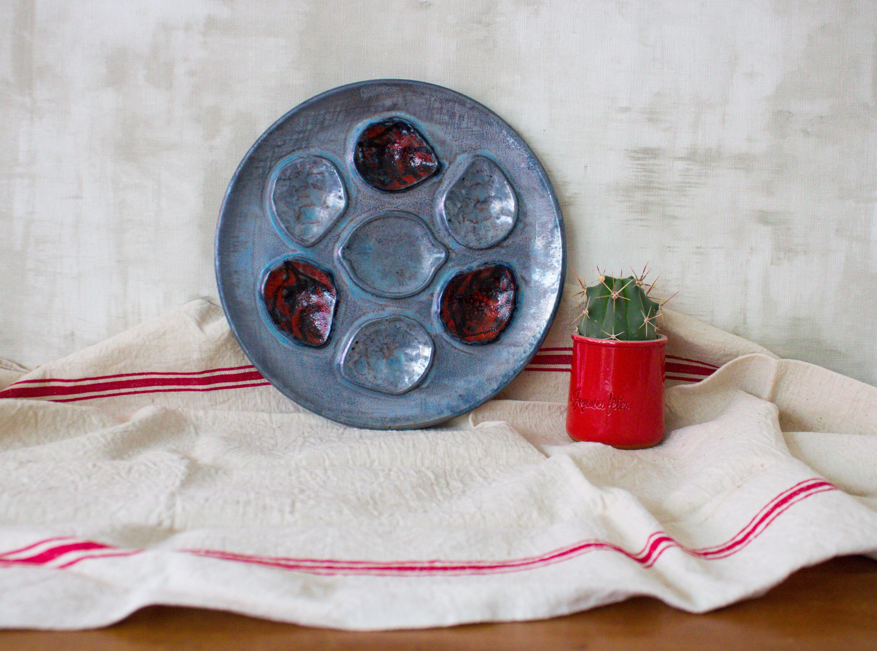2 Plaque d'huîtres Peintes à La Main Français Antique Mbfa France/Plateau de Coquilles Majolique Ble