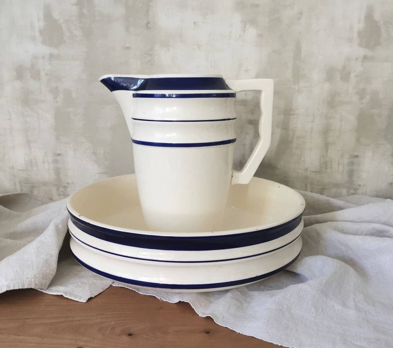 Antique French Ironstone Toilet Set, Choisy le Roi HB & Cie, White and Blue Strips image 1