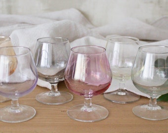 6 Français vintage Brandy & Cognac vintage Petits Verres, Snifter, Boissons Spiritueuses, Verre Irisé, Fabriqué en France