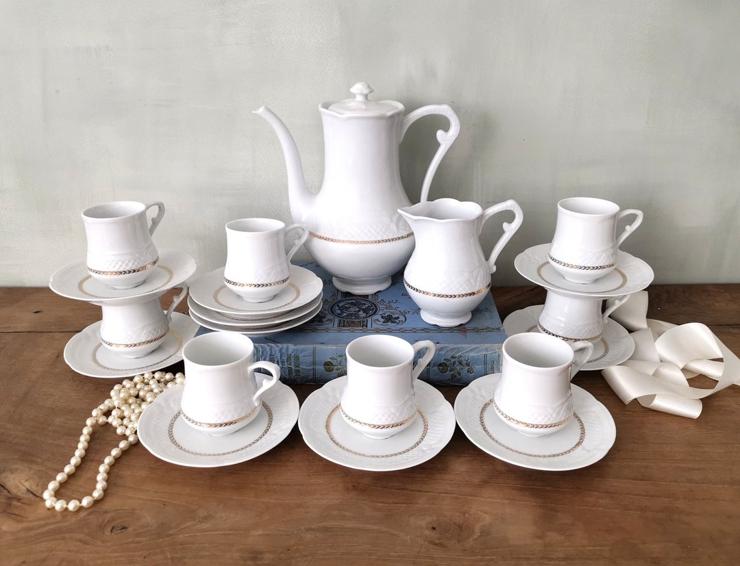 Vintage French Coffee Set, White Gold Porcelain, Stamped BERRY LOURIOUX