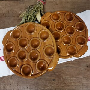 2 LARGE Vintage French Snail Plates / Escargot Cooking Dishes / Ovenproof / Brown Earthenware / 12 compartments