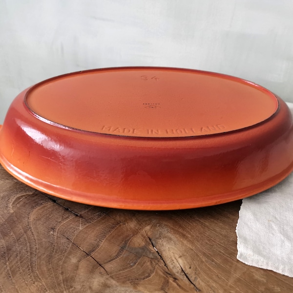 LARGE French Roasting Pan Size 34 Made in HOLLAND, White ORANGE Cast Iron Oval, Vintage Baking Pan