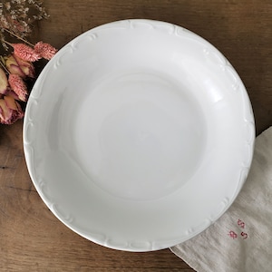 French Vintage Salad Bowl, White Porcelain, Stamped &quot;Porcelaine de Sologne&quot; Scalloped Embossed Edging
