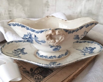 1800 GIEN Antique French Sauce Boat / White & Blue Pattern / Flowers Decor / Ironstone Gravy Boat / Art Nouveau