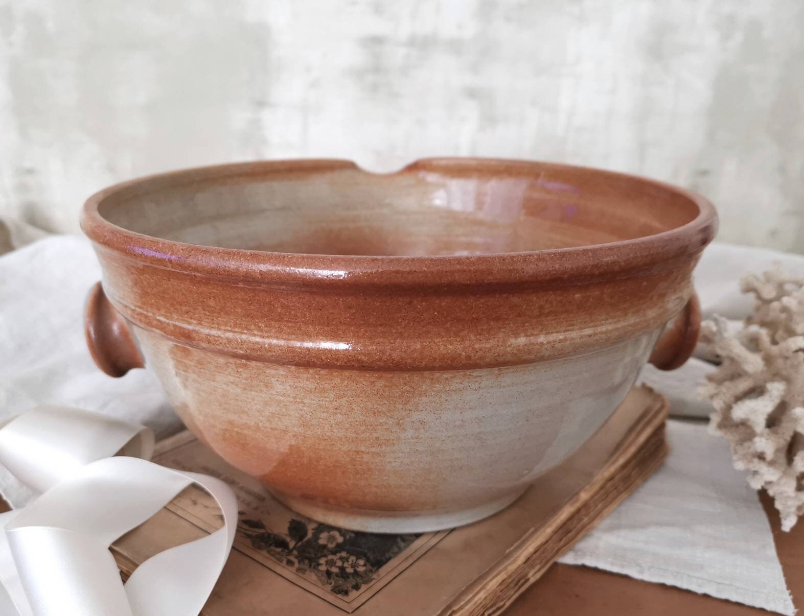 Grand Bol à Mélanger en Grès Français Vintage W Bec et Poignées, Confit Glacé Beige/Gris, Fruits, Fe