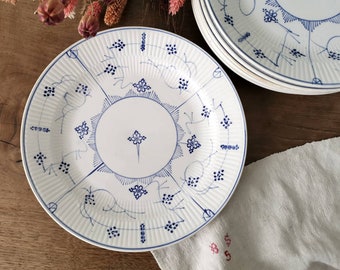 Antique French Dinner Plates, Stamped DIGOIN SARREGUEMINES, COPENHAGUE Model, White Blue Pattern, Art Nouveau Patterned Transferware Plates