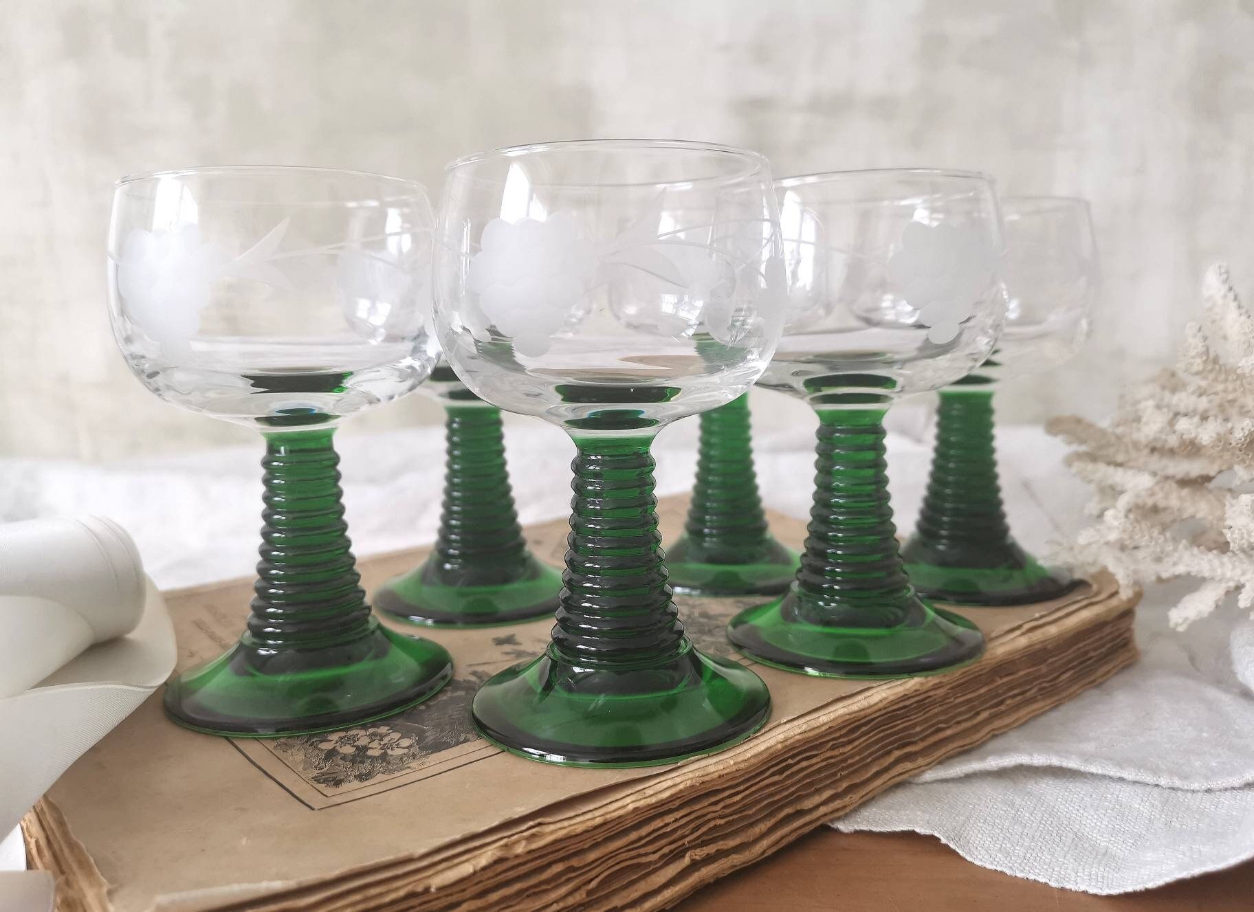 6 Verres à Vin Français Millésimés/Verre Transparent avec Grande Tige Verte Décor de Vigne Gravé Lum