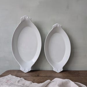 2 fuentes para gratinar vintage PILLIVUYT de porcelana blanca / Plato ovalado francés con relieve
