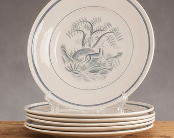 Juego de 6 placas suecas antiguas de A. Percy para Gefle, serie Tibet, década de 1930, placas con un motivo de ciervo corriendo, vajilla de cerámica rústica