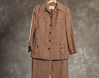 DAKS vintage Check Tweed suite jaren 1960, Vrouw jas en broek, wol avant garde, donkere academische wereld, Daks Londen