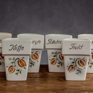 Rörstrand Ceramic Set of Six Containers for Food Ingredients, White Pottery Vessels, Swedish Vintage Design, 1940&#39;s, Flower Theme