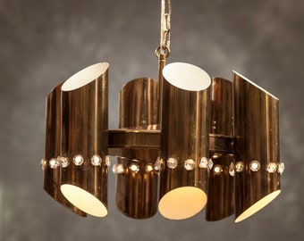 Soffitto svedese vintage della lampada AB ERIKSMÅLAGLAS, anni '60, lampada scandinava a sospensione in ottone, lampada retrò dell'era spaziale Made in Sweden