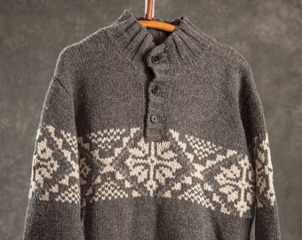 Maglione vintage norvegese fatto a mano in lana, maglieria grigia e bianca, Made in Norway, Maglione scandinavo nordico