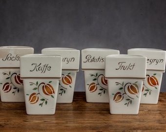 Rörstrand Ceramic Set of Six Containers for Food Ingredients, White Pottery Vessels, Swedish Vintage Design, 1940's, Flower Theme