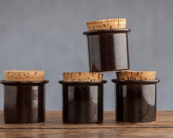 Set of 4 Pharmacy Ceramic Containers with a Cork Lid, Designed by Stig Lindberg for Gustavsberg, 1970's, Made in Sweden, Scandinavian Design