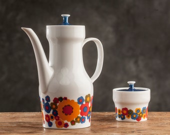 MELITTA Porcelain Set, Made in Germany, 60's, Vintage Floral Ceramic Teapot and Sugar Bowl, Folk Design, Mid Century Set