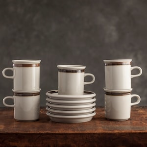 Set of 5 Cups and Saucers KARELIA by Anja Jaatinen-Winquist for Arabia Finland, 70&#39;s, Vintage Ceramic Coffee Set, Scandinavian tableware