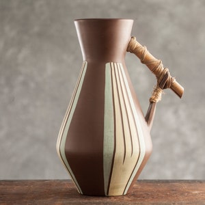 WEST GERMAN POTTERY wazon z bambusowym uchwytem, zabytkowy, Siershahner Feinsteinzeugfabrik, połowa wieku, lata 50. XX wieku
