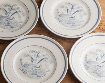 4 Old Swedish Plates by A. Percy for Gefle, Tibet series, 1930's, Plates with a Running Deer Motif, Rustic Ceramic Tableware