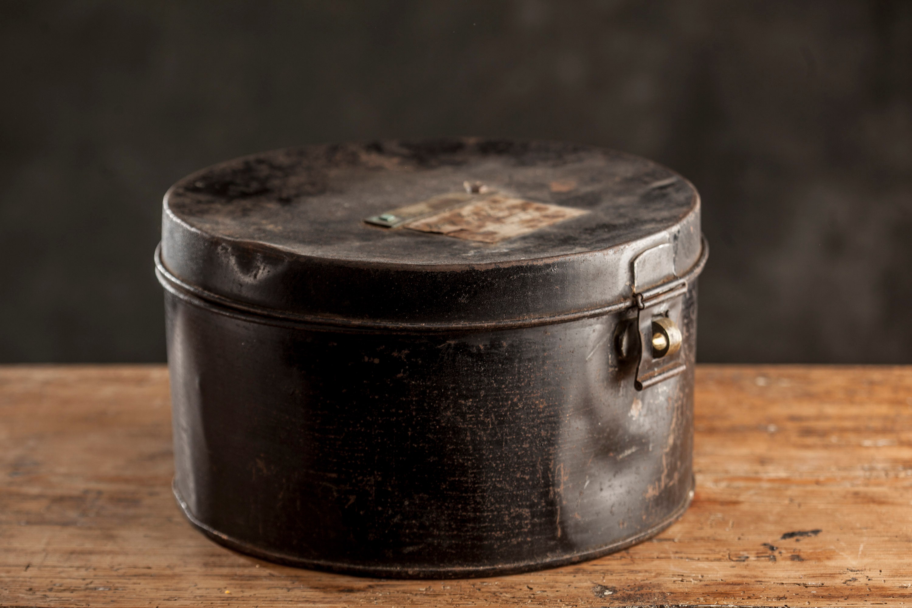 Antique Victorian Metal Hat Box C1900s With Handwritten Tag 