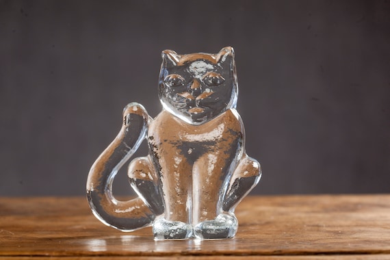 Vintage Clear Glass Cat Figurine / Paperweight, Made in