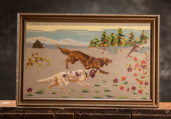 Vintage Framed Cross Stitch Hunting Dogs Motif, Retro Picture