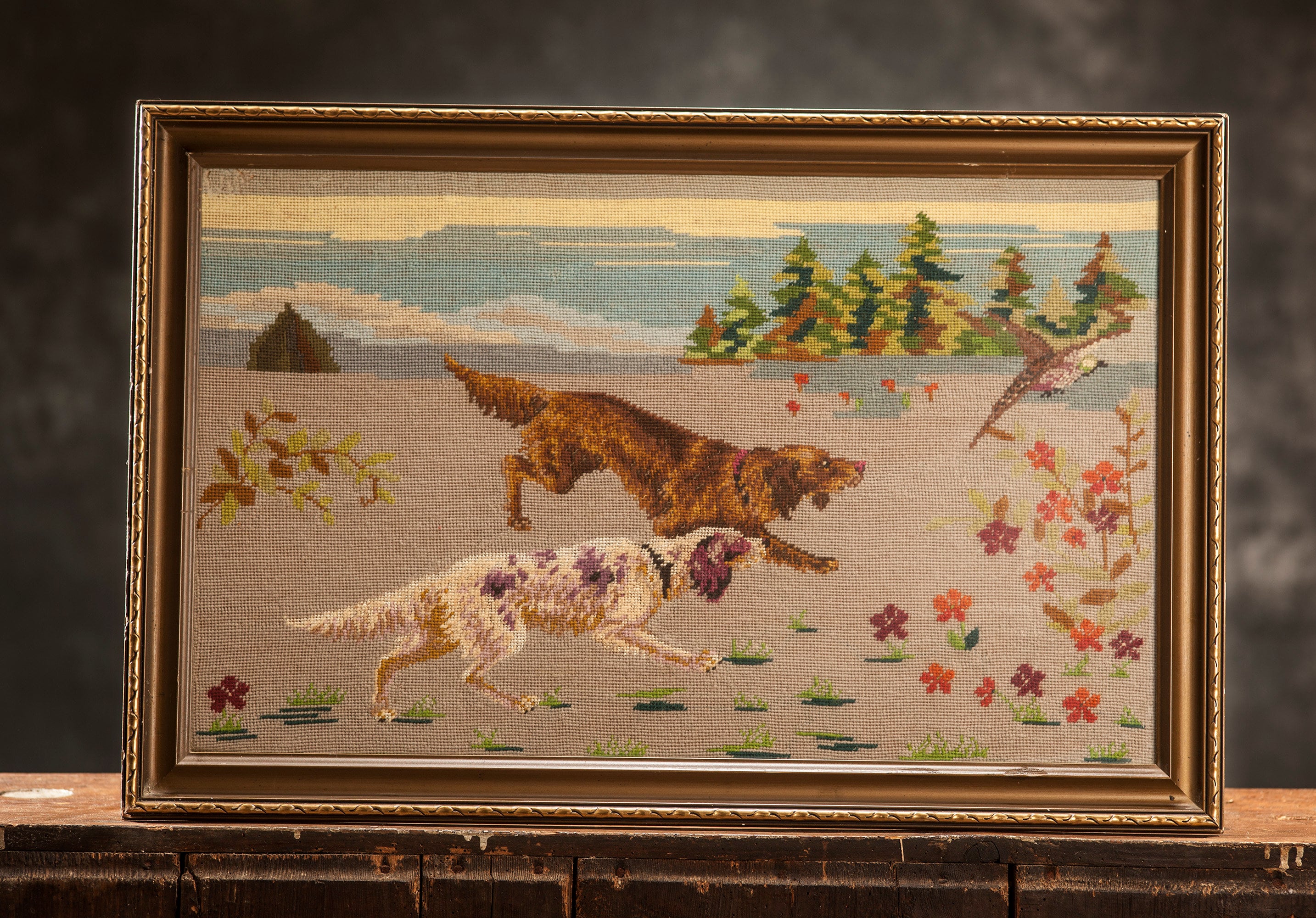 Vintage Framed Cross Stitch Hunting Dogs Motif, Retro Picture