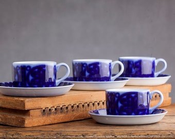 1 of 4 Coffee/Tea Set by Gustavsberg Sweden, Bla Husar series, Designed by STIG LINDBERG in 1970s, cup and saucer, Scandinavian design