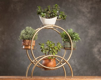 Mid-Century Vintage Round Metal Plant Stand, Gold  plant holder from 1960s, Holywood regency decor, boho decration, retro plant stand