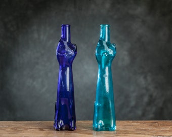 Set vintage di 2 bottiglie / decanter a forma di gatto, vetro blu e turchese, arredamento adorabile unico, vetro artistico, tema animale